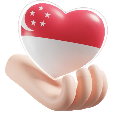 Bandeira de cuidados com as mãos e o coração de Singapura  3D Icon