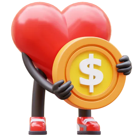 Personagem de coração segurando moeda  3D Icon