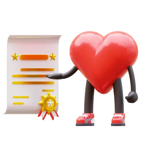 Personagem de coração recebe certificado  3D Icon