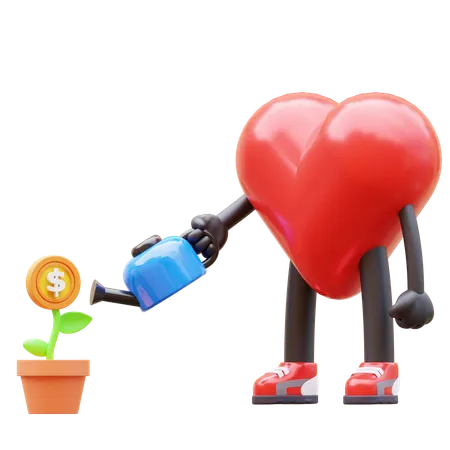 Personagem de coração regando planta dolalr  3D Icon