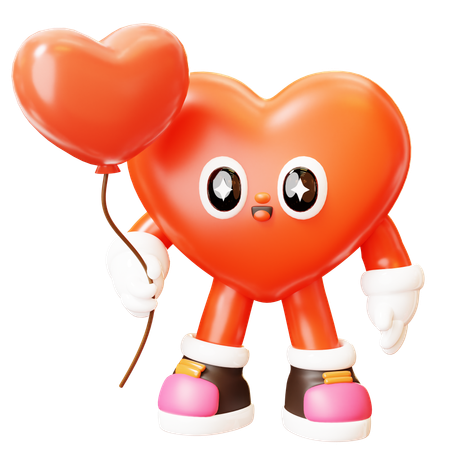 Personagem de coração segurando um balão de coração  3D Illustration