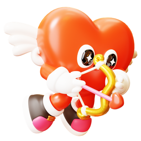 Corazón de Cupido disparando con arco y flecha  3D Illustration
