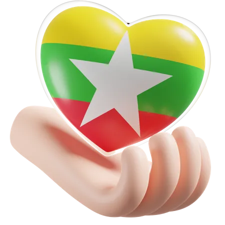 Corazón Cuidado De Las Manos Bandera De Myanmar  3D Icon