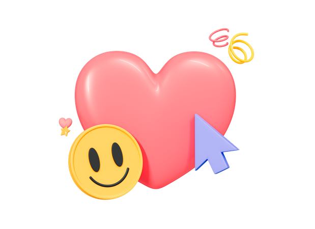 Corazón rosa con cara sonriente y cursor.  3D Icon