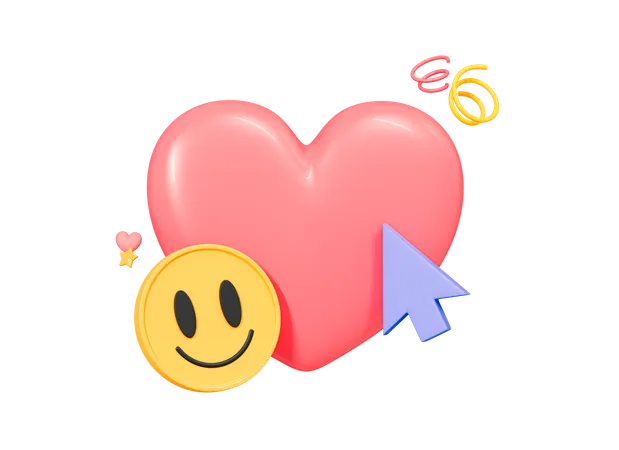 Corazón rosa con cara sonriente y cursor.  3D Icon