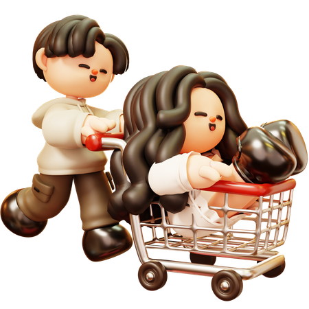 Couple amusant avec panier dans un supermarché  3D Illustration