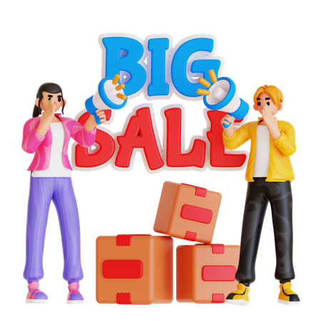 Couple Announcing Big Sale  3D Illustration