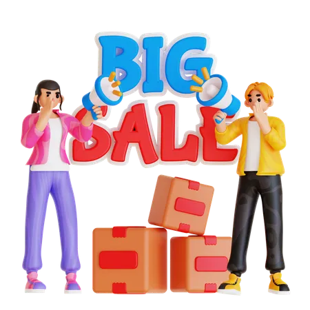 Couple Announcing Big Sale  3D Illustration