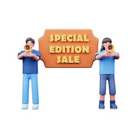 Couple Announcing Special Edition Sale  3D Illustration