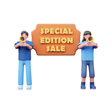 Couple Announcing Special Edition Sale  3D Illustration
