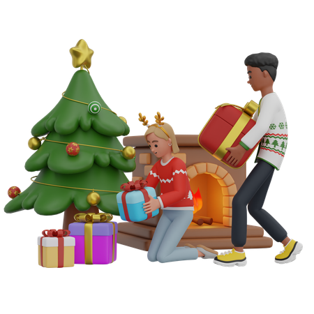 Couple Arranging Gift Boxes  3D Icon