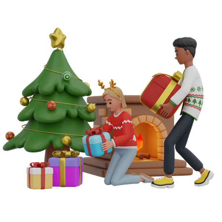 Couple Arranging Gift Boxes  3D Illustration