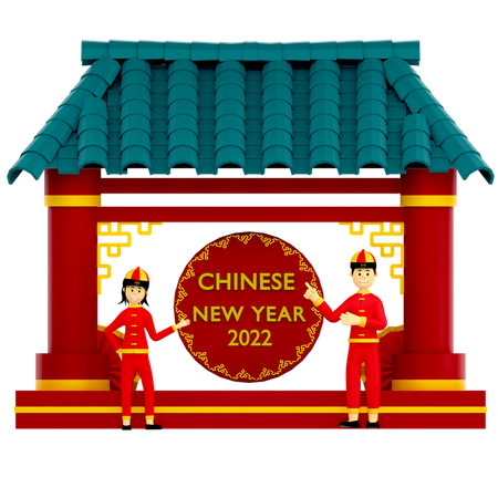 Couple at Chinese temple 3D Illustration