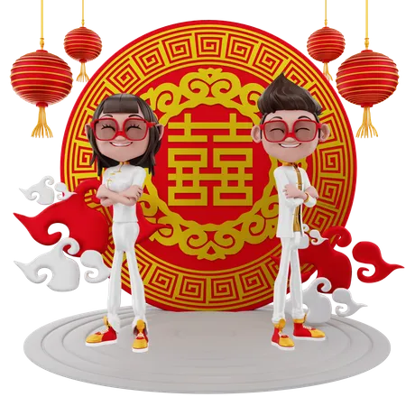 Couple avec pièce porte-bonheur chinoise  3D Illustration