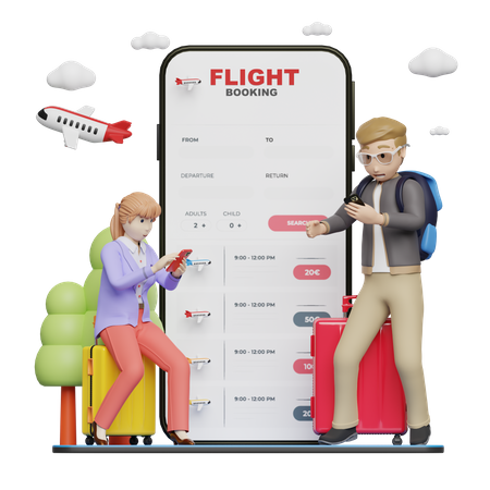 Couple booking flight online  3D Illustration