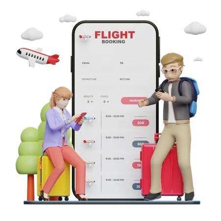 Couple booking flight online  3D Illustration