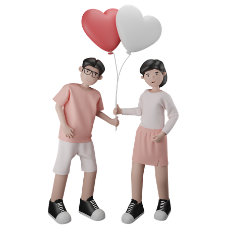 Couple Carrying a Pair of Heart Shaped Balloons  3D Illustration