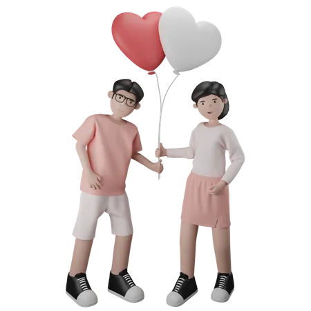 Couple Carrying a Pair of Heart Shaped Balloons  3D Illustration
