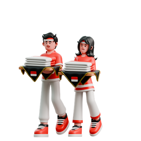 Couple Carrying Indonesian Flag  3D Illustration