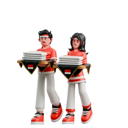 Couple Carrying Indonesian Flag  3D Illustration