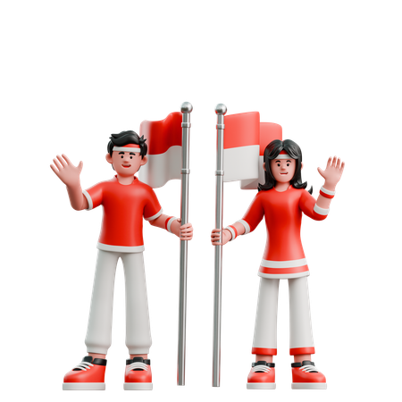 Couple Carrying Red And White Flag  3D Illustration