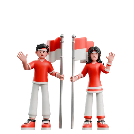 Couple Carrying Red And White Flag  3D Illustration