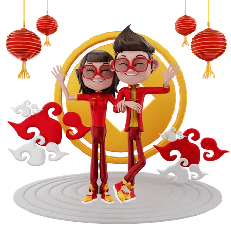 Couple célébrant le nouvel an chinois  3D Illustration