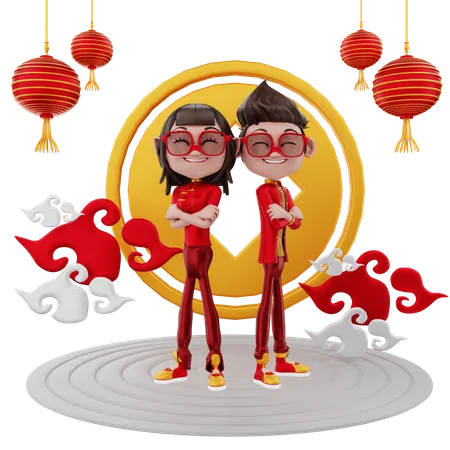 Couple célébrant le nouvel an chinois  3D Illustration