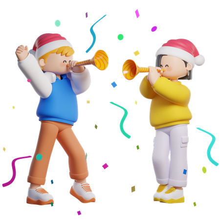 Couple Celebrate with Trumpet  3D Illustration