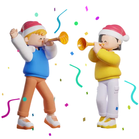 Couple Celebrate with Trumpet  3D Illustration