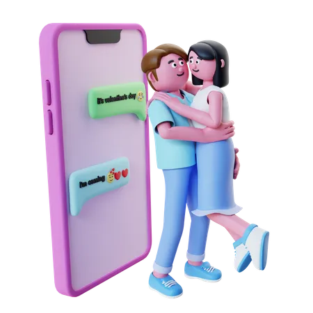 Couple Celebrating Valentines With Phone 3D Illustration
