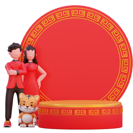 Couple chinois debout avec tigre  3D Illustration