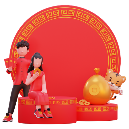 Couple chinois tenant des cartes en main  3D Illustration