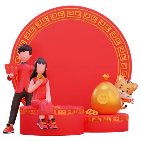 Couple chinois tenant des cartes en main  3D Illustration