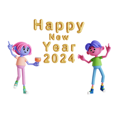 Couple dancing with wine and celebrating new year  3D Illustration