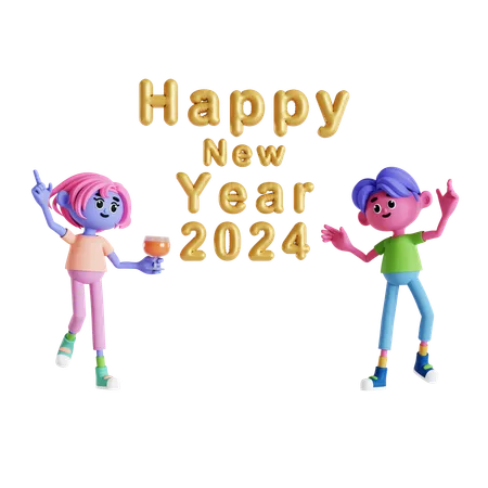 Couple dancing with wine and celebrating new year  3D Illustration