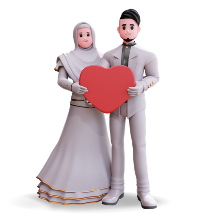 Couple de mariage debout ensemble tenant le cœur dans les mains  3D Illustration