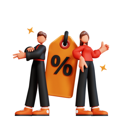 Couple debout avec étiquette de réduction  3D Illustration