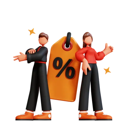 Couple debout avec étiquette de réduction  3D Illustration