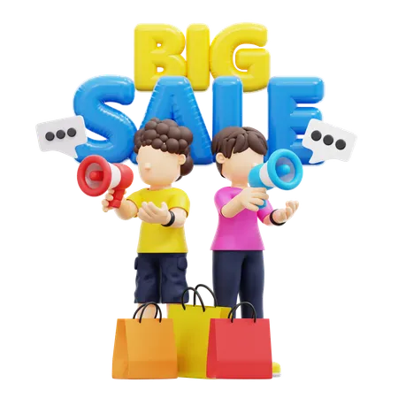 Couple Doing Big Sale Promo  3D Illustration