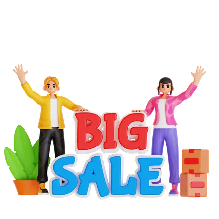 Couple Doing Big Sale Shopping  3D Illustration