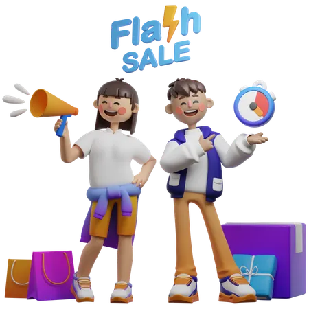 Couple Doing Flash Sale Announcement  3D Illustration