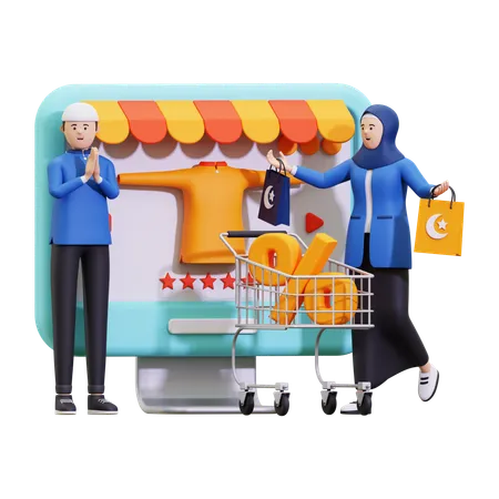 Couple Doing Ramadan Shopping  3D Illustration
