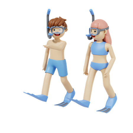 Couple Doing Scuba Diving  3D Illustration