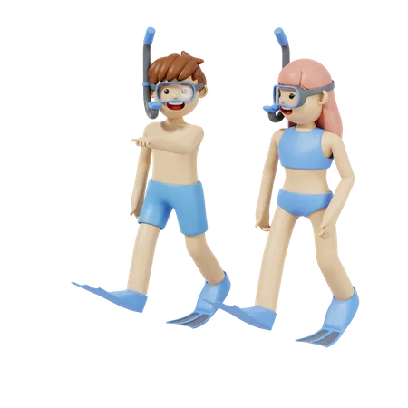 Couple Doing Scuba Diving  3D Illustration