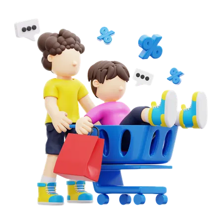 3 D Rendering Cute Couple Shopping 3D Illustration