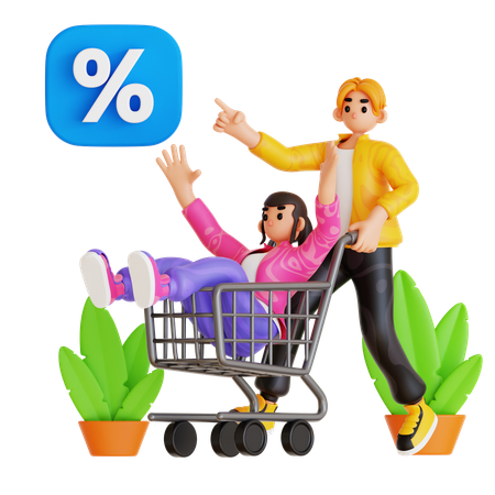 Couple Doing Shopping In Shopping Sale  3D Illustration