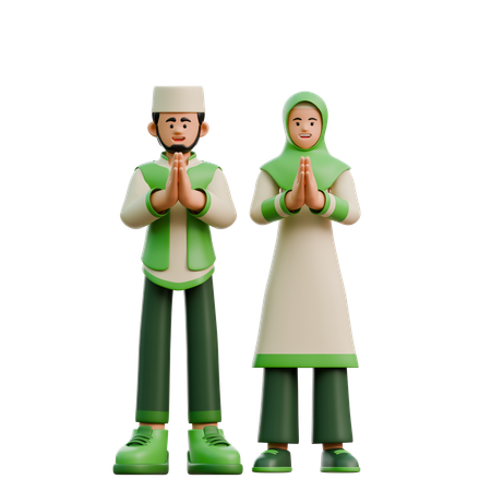 Un couple de Ramadan salue l'Aïd  3D Illustration