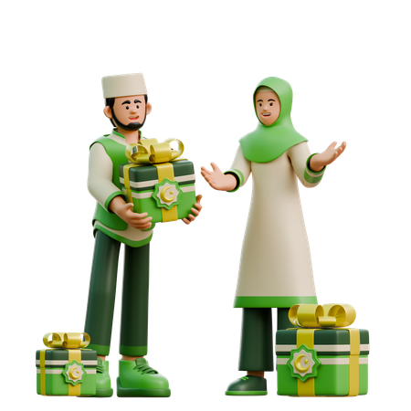 Un couple de Ramadan offre des cadeaux pour l'Aïd  3D Illustration