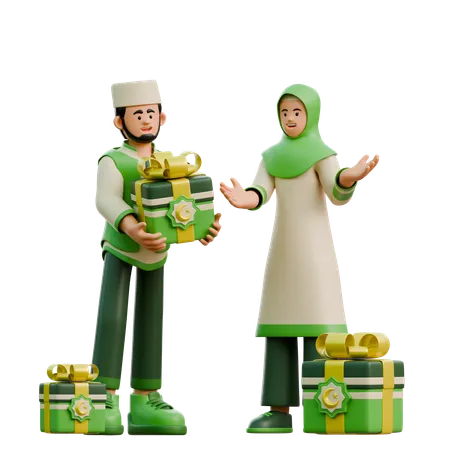 Un couple de Ramadan offre des cadeaux pour l'Aïd  3D Illustration